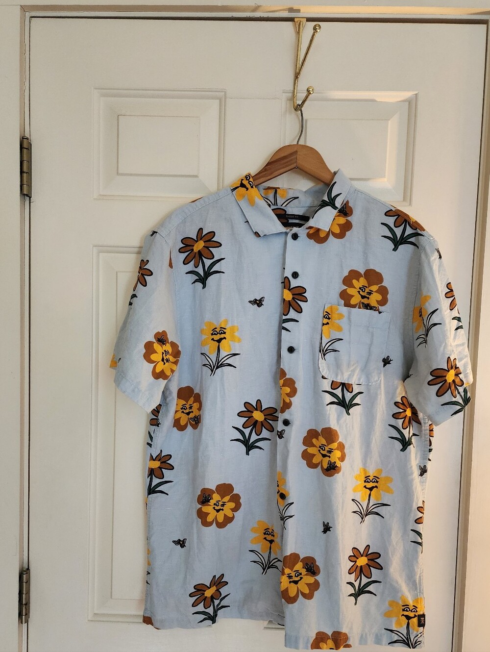 Roark Liquid Gold Gonzo Button Shirt Size Large Organic Cotton Linen Flower Bee